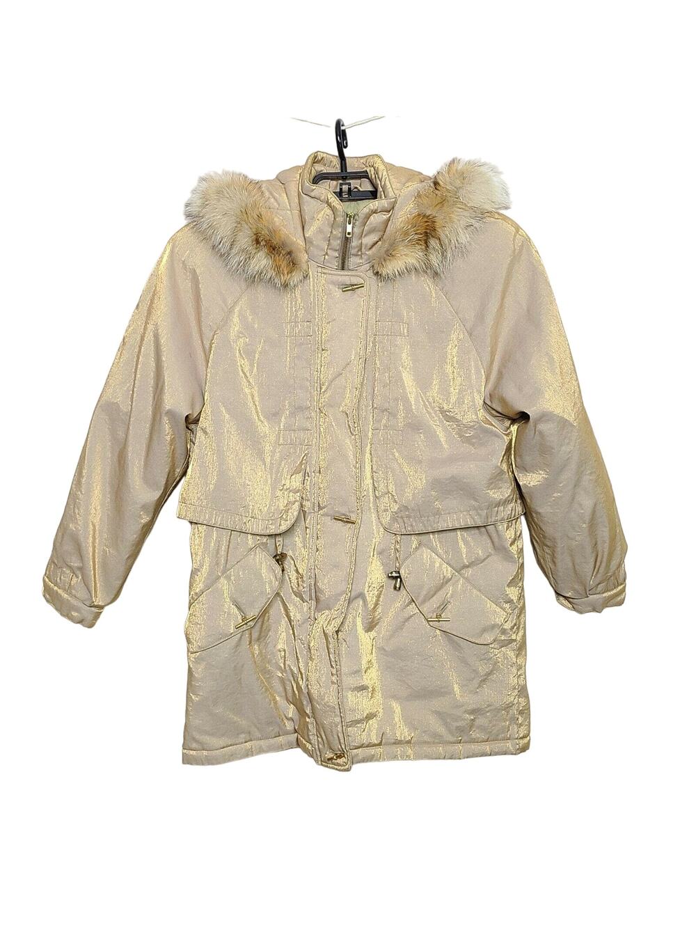 J. Gallery Park Coat SZ Medium Gold Shimmer Red Fox Fur Trim Overcoat Hood